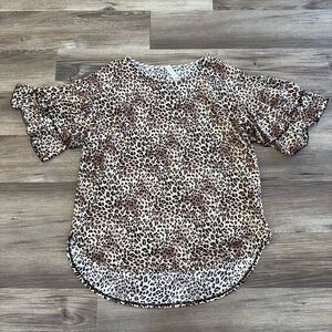 Women's Oversized Ruffle Leopard Animal Print Top Brown Size Small Stretchy‎